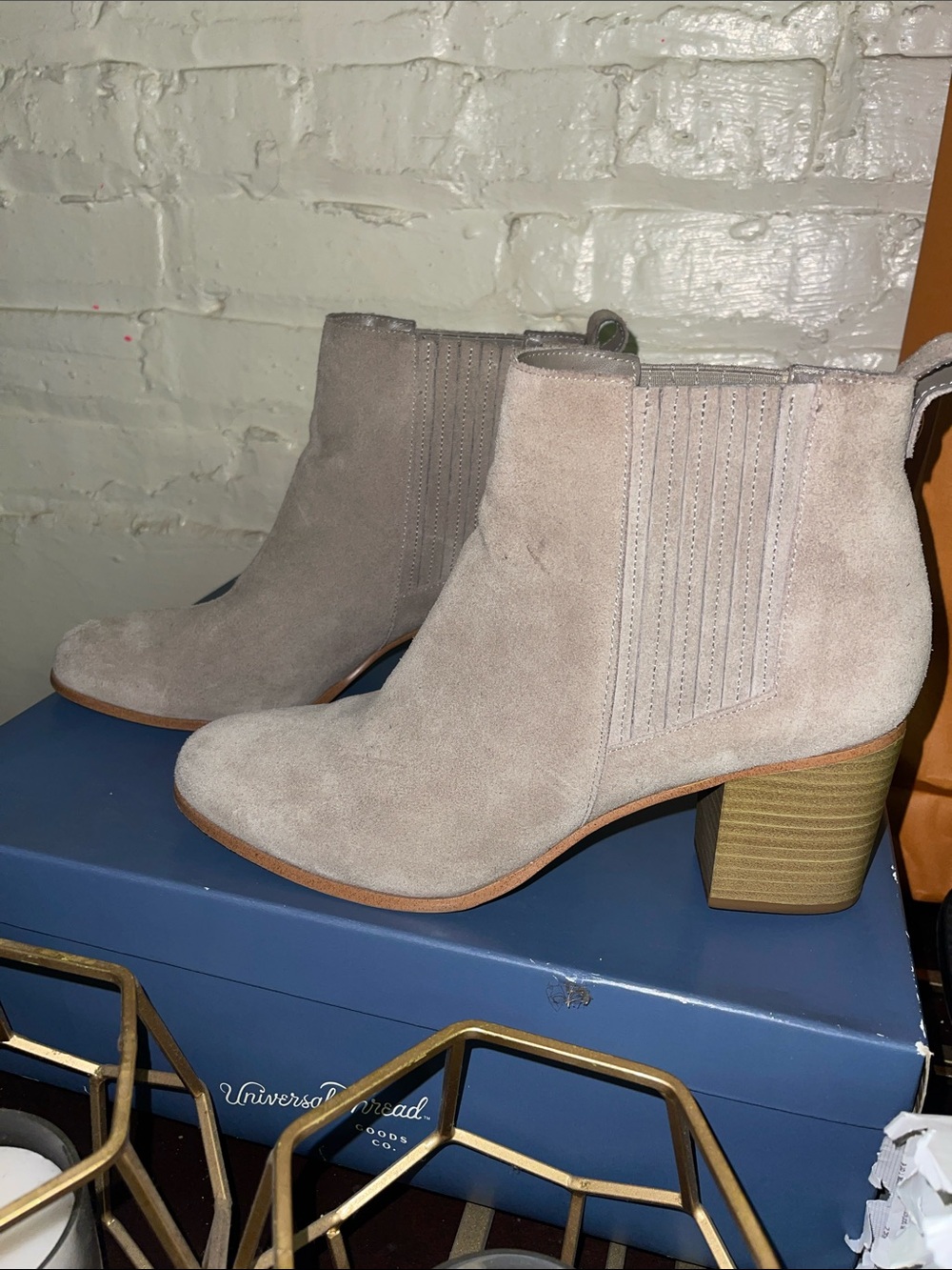 INC International Concepts Light Taupe Suede Ankle Booties with Block Heel
